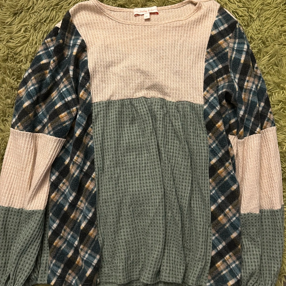 Plaid Patchwork Waffle Knit Top - Blue and Cream